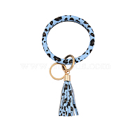 Leopard Print Pattern PU Imitaition Leather Bangle Keychains, Wristlet Keychain with Tassel & Alloy Ring, Light Steel Blue, 200x100mm(KEYC-PW0009-08G)