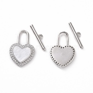 Brass Micro Pave Clear Cubic Zirconia with Shell Toggle Clasps, Heart Lock, Platinum, Bar: 18x4x1.5mm, Hole: 1.2mm, Heart: 22.5x14.5x2.5mm(KK-E068-VC169)