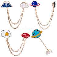 4Pcs 4 Style Planet & Egg & Mountain & Rabbit Hanging Chain Brooches, Light Gold Alloy Badge for Suit Shirt Collar, Mixed Color, 55~113mm, 1Pc/style(JEWB-GF0001-32)