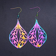 201 Stainless Steel Dangle Earrings, Double Leaf, Rainbow Color, 80x35mm, Pin: 0.7mm(STAS-S105-JN424)