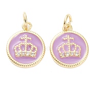 Brass Micro Pave Clear Cubic Zirconia Pendants, with Enamel, Long-Lasting Plated, Real 18K Gold Plated, Flat Round with Crown, Violet, 14.5x12x2mm, Hole: 3mm(ZIRC-J041-01D)