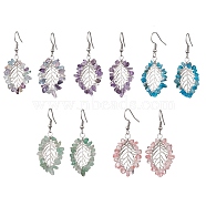 Natural & Synthetic Mixed Gemstone Chips Dangle Earrings, Iron Leaf Drop Earrings, Platinum, 48x21mm(EJEW-JE05695-02)