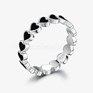Platinum Rhodium Plated 925 Sterling Silver Heart Finger Rings, with Enamel, Black, Inner Diameter: 18mm(FL0127-7)