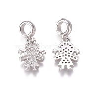 Brass Micro Pave Clear Cubic Zirconia European Dangle Charms, Large Hole Pendants, Girl, Platinum, 26mm, Hole: 5mm, Girl: 17x13x2mm(ZIRC-I036-26P)
