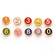 Alloy Enamel Beads, Flat Round, Number 0~9, Cadmium Free & Lead Free, Light Gold, Mixed Color, 8x3.5mm, Hole: 1.5mm, about 10pcs/set.(ENAM-R055-04-RS)