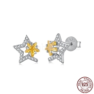 Star Rhodium Plated 925 Sterling Silver Micro Pave Cubic Zirconia Ear Studs for Women, with S925 Stamp, Real Platinum Plated, 9.5x9.5mm(EJEW-P231-95P)