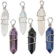 Faceted Bullet Gemstone Pointed Pendants, Wire Wrapped Pendants, with Platinum Plated Brass Wire, 38~42x8~9mm, Hole: 3~6mm, 6 materals, 1pc/materal, 6pcs/box(G-SC0001-11P)