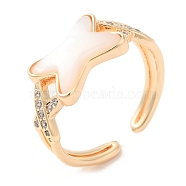 Natural Shell Criss Cross Open Cuff Ring with Cubic Zirconia, Brass Ring for Women, Real 18K Gold Plated, Inner Diameter: 16.8mm(RJEW-G288-05G)