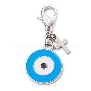 Alloy Enamel Pendant Decoration, with Alloy Clasp, Flat Round with Evil Eyes, Deep Sky Blue, 42mm(HJEW-JM01451-02)