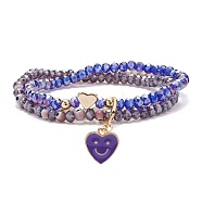 Round Glass Evil Eye Triple Layer Multi-strand Bracelet, Alloy Enamel Heart with Smiling Face Charm Stretch Bracelet for Women, Purple, Inner Diameter: 2-1/4 inch(5.7cm)(BJEW-JB08229-05)
