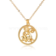Alloy Flat Round with Constellation Pendant Necklaces, Cable Chain Necklace for Women, Aries, Pendant: 2.2cm(PW-WG52384-01)