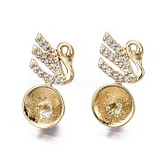 Brass Micro Pave Clear Cubic Zirconia Stud Earring Findings, for Half Drilled Bead, Swan, Real 18K Gold Plated, 15x8mm, Pin: 0.7mm, pin: 1.0mm(for Half Drilled Bead).(KK-Q764-034B)