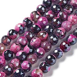 Electroplate Natural Fire Crackle Agate Beads Strands, Dyed & Heated, Faceted Round, Fuchsia, 8mm, Hole: 1mm, about 47~48pcs/strand, 14.37~14.88 inch(36.5~37.8cm)(G-G0006-A01-07)