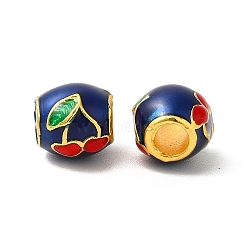 Rack Plating Alloy Enamel European Beads, Large Hole Bead, Drum Bead with Cherry, Matte Gold Color, Dark Blue, 9.5x9x10mm, Hole: 4mm(ENAM-M048-25MG-A)