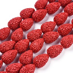 Dyed Synthetical Coral Teardrop Shaped Carved Flower Bud Beads Strands, Dark Red, 21x14x14mm, Hole: 1mm, about 16pcs/strand, 17 inch(CORA-L009-02)