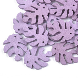 Painted Poplar Wood Pendants, Tropical Leaf Charms, Monstera Leaf, Lilac, 30x24x2.5~3mm, Hole: 1.5~2mm(WOOD-S045-067H)