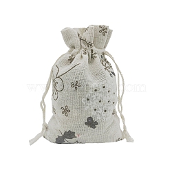 Printed Cotton Imitation Burlap Packing Pouches Drawstring Bags, for Christmas, Wedding Party and DIY Craft Packing, Leaf, 18x13cm(PW-WG7B662-15)