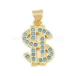 Brass Micro Pave Sky Blue Cubic Zirconia Pendants, Dollar Charms, Golden, 18.5x12x1.5mm, Hole: 4mm(CU-CBA4A93-02B-G)