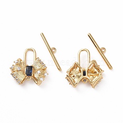 Brass Pave Medium Blue Cubic Zirconia Toggle Clasps, Bowknot, Real 18K Gold Plated, Bar: 21.5x4x1.5mm, Hole: 1.2mm, Bowknot: 19x18.5x4.5mm, hole: 1.4mm(KK-E068-VC191)