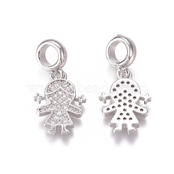 Brass Micro Pave Clear Cubic Zirconia European Dangle Charms, Large Hole Pendants, Girl, Platinum, 26mm, Hole: 5mm, Girl: 17x13x2mm(ZIRC-I036-26P)