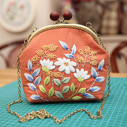 DIY Wood Bead Kiss Lock Coin Purse Embroidery Kit, Including Embroidered Fabric, Embroidery Needles & Thread, Metal Purse Handle, Flower Pattern, Orange, 210x165x40mm(PW22062820270)