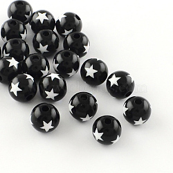 Star Pattern Opaque Acrylic Beads, Round, Black, 19~20x18mm, Hole: 3mm, about 116pcs/500g(SACR-R882-20mm-01)