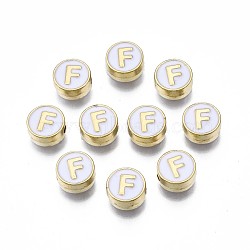 Alloy Enamel Beads, Cadmium Free & Lead Free, Light Gold, Flat Round with Alphabet, White, Letter.F, 8x4mm, Hole: 1.5mm(ENAM-N052-006-01F-RS)
