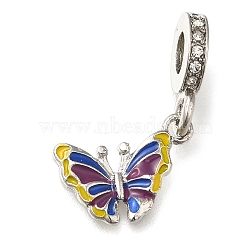 Rack Plating Alloy Enamel European Dangle Charms, Butterfly Large Hole Pendants with Crystal Rhinestone, Platinum, Indigo, 29mm, Hole: 4.5mm, Butterfly: 16.5x13x2.5mm(PALLOY-A009-15P-01)