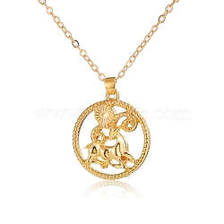 Alloy Flat Round with Constellation Pendant Necklaces, Cable Chain Necklace for Women, Aries, Pendant: 2.2cm(PW-WG52384-01)