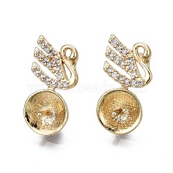 Brass Micro Pave Clear Cubic Zirconia Stud Earring Findings, for Half Drilled Bead, Swan, Real 18K Gold Plated, 15x8mm, Pin: 0.7mm, pin: 1.0mm(for Half Drilled Bead).(KK-Q764-034B)