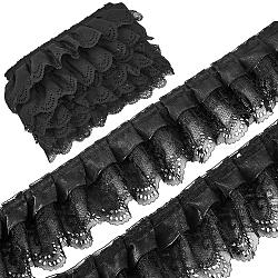 3-Layer Pleated Chiffon Flower Lace Trim, Polyester Ribbon for Jewelry Making, Garment Accessories, Black, 2-1/2 inch(65mm)(OCOR-GF0003-26A)