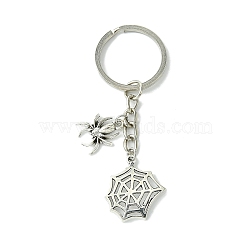 Tibetan Style Alloy Pendants Keychain, with Iron Split Key Rings, Spider Web, Antique Silver & Platinum, 8cm, 10pcs/set.(KEYC-JKC00831-S)