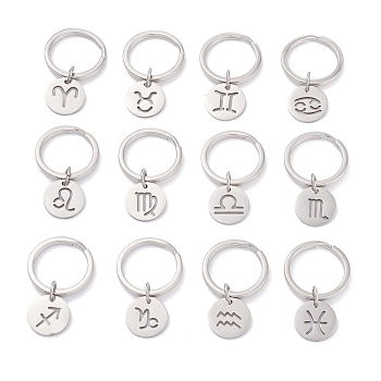 304 Stainless Steel Keychain, with 201 Stainless Steel Pendants, Flat Round with Constellations Pattern, Hollow, 12 Constellations, 4.35cm