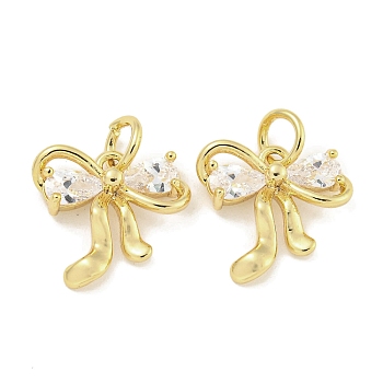 Brass with Clear Cubic Zirconia Charms with Jump Rings, Bowknot, Real 18K Gold Plated, 12x13x3.5mm, Hole: 3.4mm