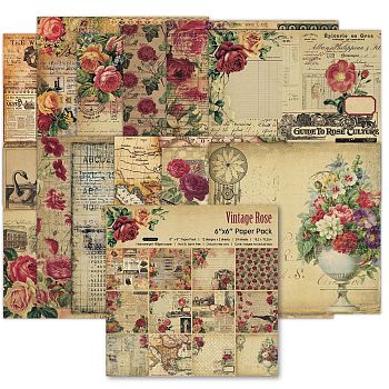 12 Sheets 12 Styles Vintage Rose Flower Theme Scrapbooking Paper Pads, Simple Junk Journal Decorative Craft Paper Pad, Mixed Color, 152x152mm, 1 sheet/style