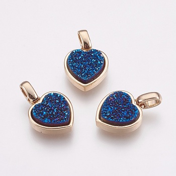 Natural Druzy Agate Pendants, with Brass Findings, Heart, Golden, Blue, 17mm, Hole: 2x2.5mm, Pendant: 12.5x11x4mm