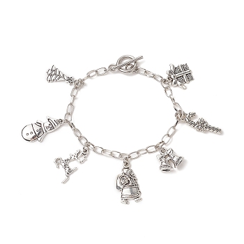 Christmas Tree & Snowman & Candy Cane & Gift Box Alloy Charm Bracelet, Iron Jewelry for Women, Platinum, 7-1/4 inch(18.4cm)