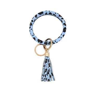 Leopard Print Pattern PU Imitaition Leather Bangle Keychains, Wristlet Keychain with Tassel & Alloy Ring, Light Steel Blue, 200x100mm
