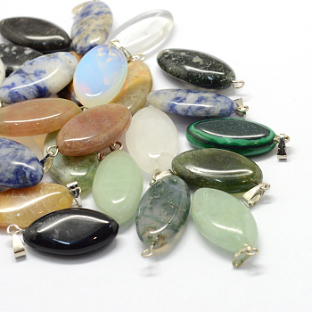 Horse Eye Natural & Synthetic Mixed Stone Pendants, with Platinum Tone Brass Findings, 27~30x12~15x5~6mm, Hole: 2x7mm