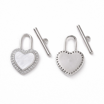 Brass Micro Pave Clear Cubic Zirconia with Shell Toggle Clasps, Heart Lock, Platinum, Bar: 18x4x1.5mm, Hole: 1.2mm, Heart: 22.5x14.5x2.5mm