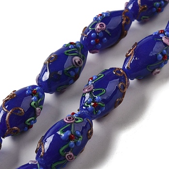 Handmade Lampwork Beads, Rice wit Flower, Blue, 23x12~13mm, Hole: 1.6mm