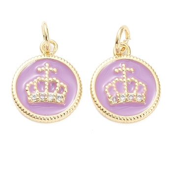 Brass Micro Pave Clear Cubic Zirconia Pendants, with Enamel, Long-Lasting Plated, Real 18K Gold Plated, Flat Round with Crown, Violet, 14.5x12x2mm, Hole: 3mm