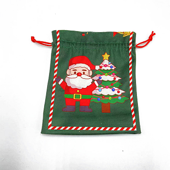 Christmas Printed Cloth Drawstring Bags, Rectangle Gift Storage Pouches, Christmas Party Supplies, Dark Green, 18x16cm