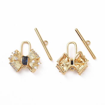 Brass Pave Medium Blue Cubic Zirconia Toggle Clasps, Bowknot, Real 18K Gold Plated, Bar: 21.5x4x1.5mm, Hole: 1.2mm, Bowknot: 19x18.5x4.5mm, hole: 1.4mm