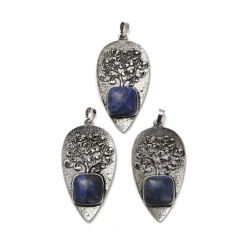 Natural Lapis Lazuli Square Big Pendants, Rack Plating Antique Silver Plated Alloy Leaf Charms, Cadmium Free & Lead Free, 56.5x30x7mm, Hole: 6.5x5mm
