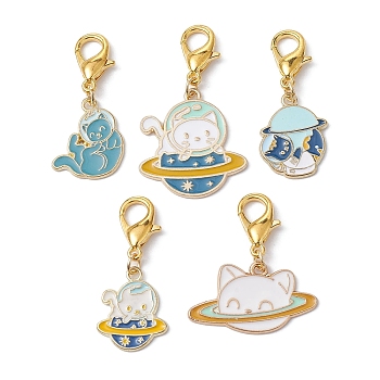 Alloy Enamel Pendant Decorations, with Zinc Alloy Lobster Claw Clasps, Cat Shape, Mixed Color, 36~44mm