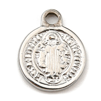 304 Stainless Steel Charms, Flat Round with God & Holy Writ Charms, Stainless Steel Color, 13x10x1.5mm, Hole: 1.6mm