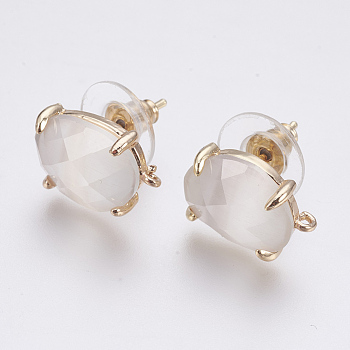 Faceted Glass Stud Earring Findings, with Loop, Light Gold Plated Brass Findings, Oval, White, 14x10x5mm, Hole: 1mm, Pin: 0.8mm