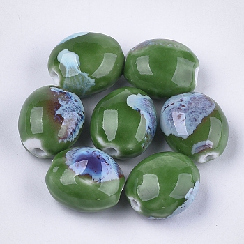 Handmade Porcelain Beads, Fancy Antique Glazed Porcelain, Oval, Green, 20~21x17.5~18x12~13mm, Hole: 2.5~3mm
