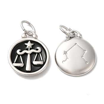 304 Stainless Steel Enamel Pendants, with Jump Ring, Flat Round with Constellation, Stainless Steel Color, Libra, 20.5x17x2.5~3.5mm, Hole: 4x6mm